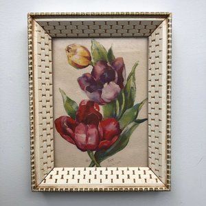 Vintage Framed Tulips Watercolor Print - Signed